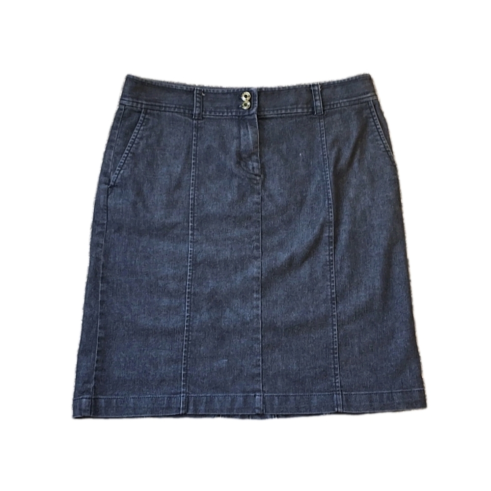 Talbots Petites Jean Skirt Women's 10P Black Denim Knee Length Slit Classic Y2K
